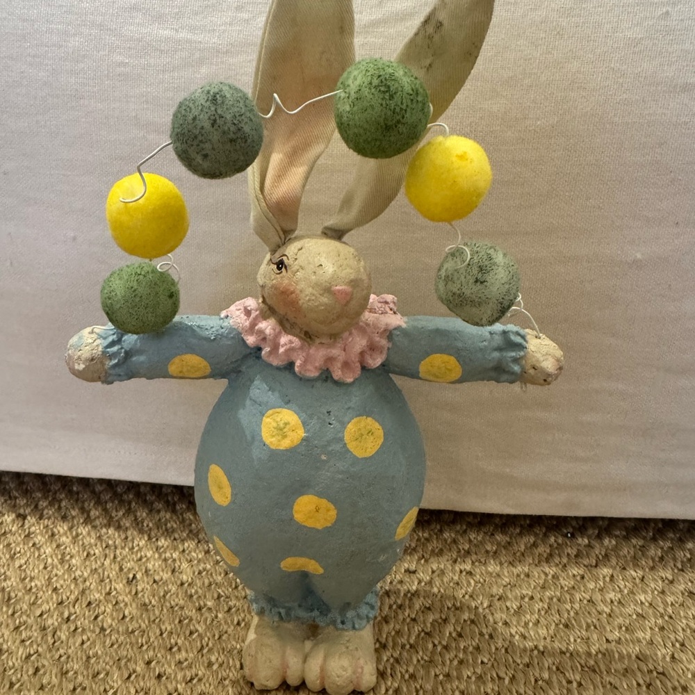 Whimsical Vtg Bunny Clown Lowe Style Rabbit Primitive Shabby. Fabric ears